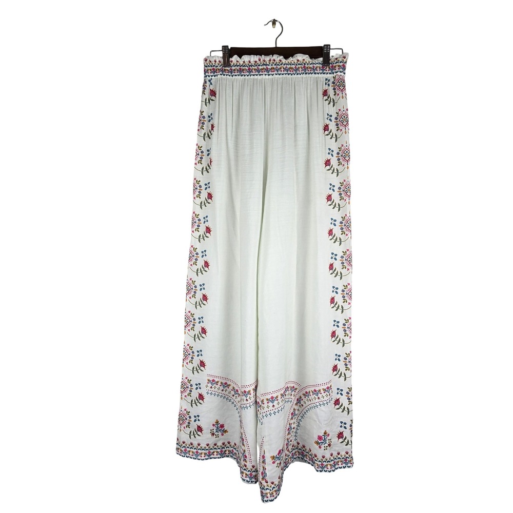 Natural Life Wide Leg Pants Women Medium White Floral Linen Blend NWOT
